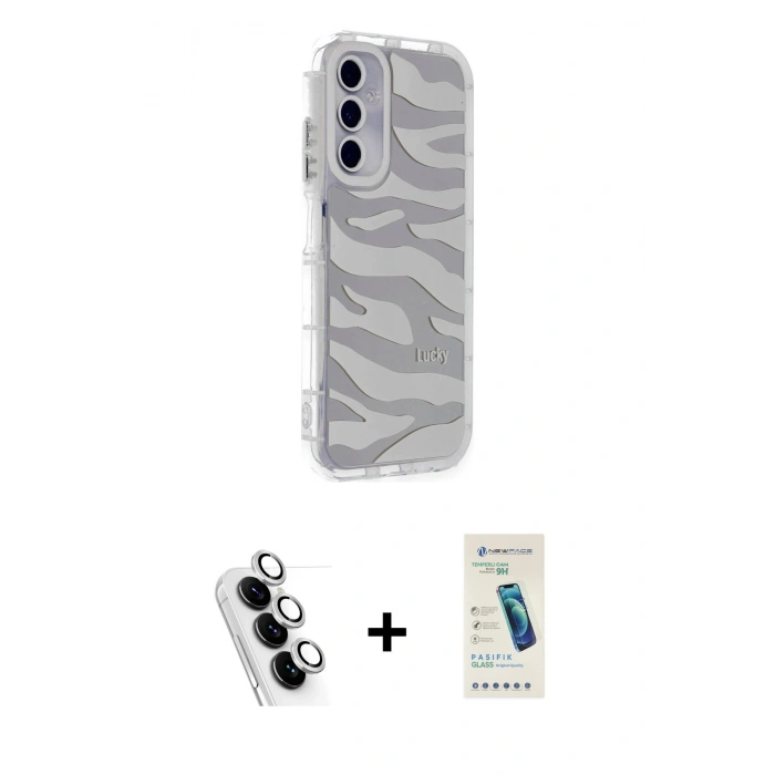 MARSİLYAN™- Galaxy A25 5G Kılıf Ahenk Modern Serisi - Şeffaf Pasifik Cam Ekran Koruyucu + Valdez Metal Kamera Lens - GS
