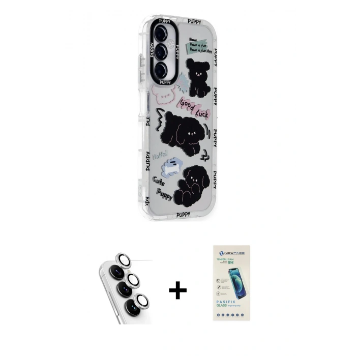 MARSİLYAN™- Galaxy A25 5G Kılıf Ahenk Modern Serisi - Şeffaf Pasifik Cam Ekran Koruyucu + Valdez Metal Kamera Lens - GS