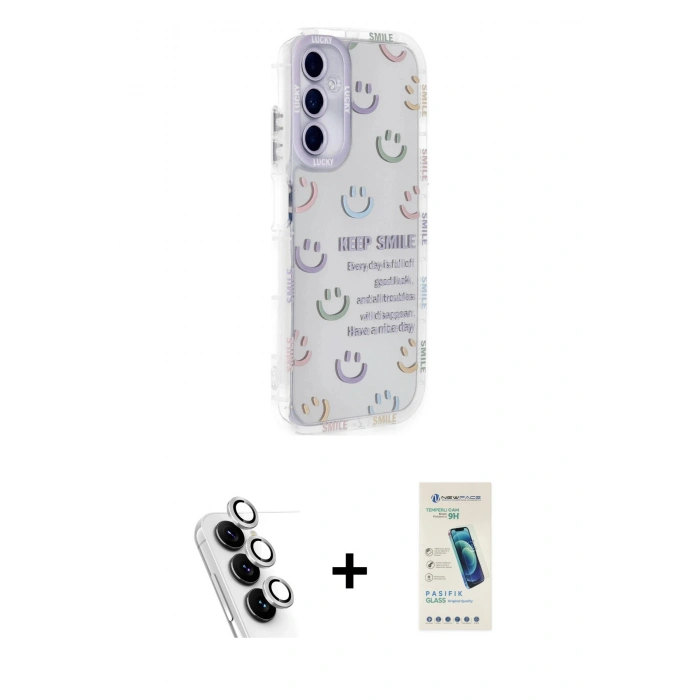MARSİLYAN™- Galaxy A25 5G Kılıf Ahenk Modern Serisi - Şeffaf Pasifik Cam Ekran Koruyucu + Valdez Metal Kamera Lens - GS