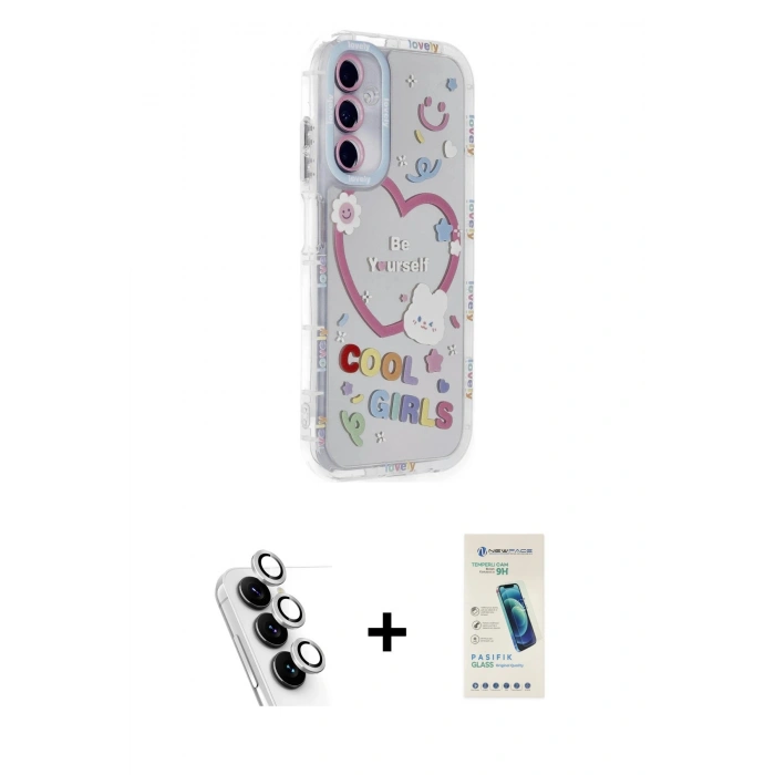 MARSİLYAN™- Galaxy A25 5G Kılıf Ahenk Modern Serisi - Şeffaf Pasifik Cam Ekran Koruyucu + Valdez Metal Kamera Lens - GS