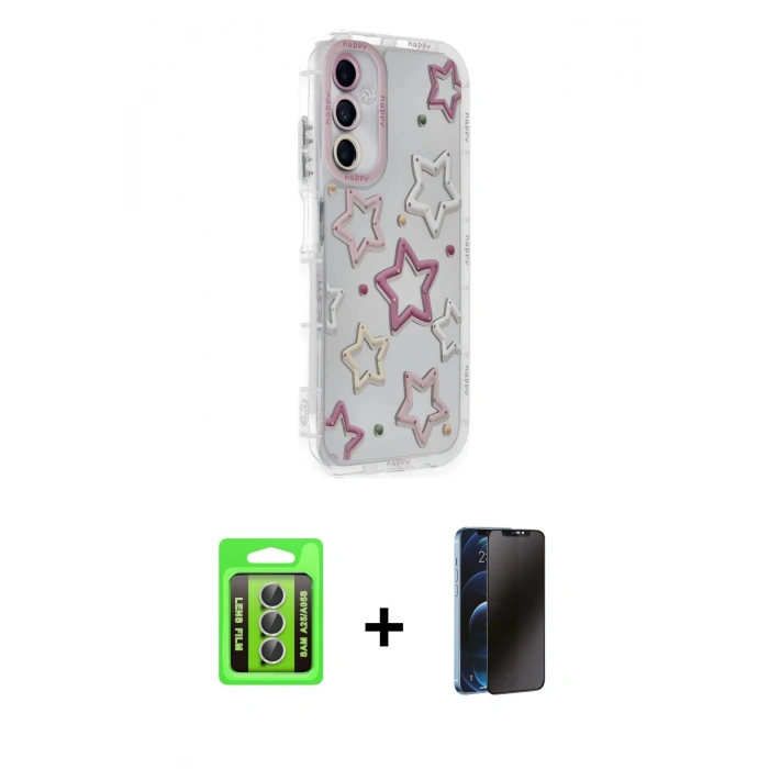 MARSİLYAN™- Galaxy A25 5G Kılıf Ahenk Modern Serisi - Siyah 3D Antistatik Hayalet Cam Ekran Koruyucu + Raze Metal Kamera Lens - GS
