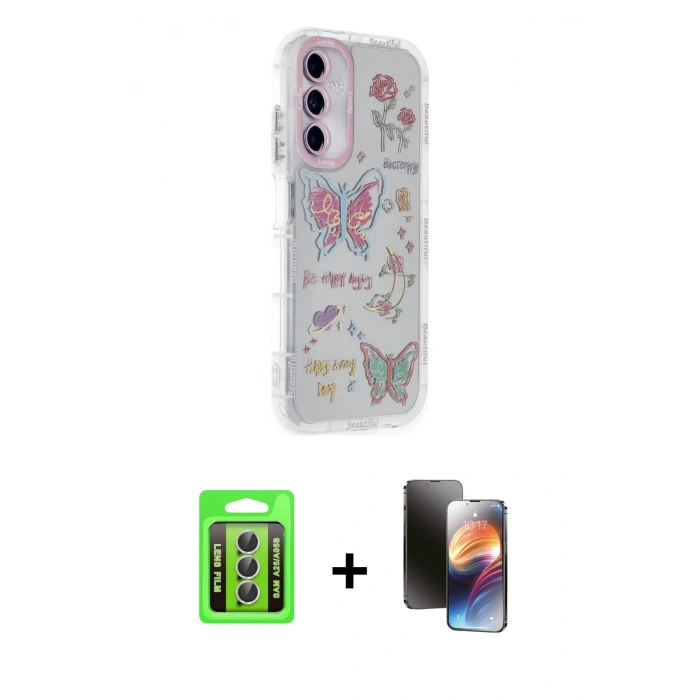 MARSİLYAN™- Galaxy A25 5G Kılıf Ahenk Modern Serisi - Siyah 3D Antistatik Mat Seramik Nano Ekran Koruyucu + Raze Metal Kamera Lens - GS