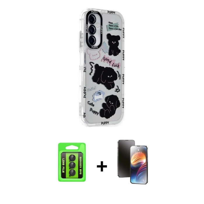 MARSİLYAN™- Galaxy A25 5G Kılıf Ahenk Modern Serisi - Siyah 3D Antistatik Mat Seramik Nano Ekran Koruyucu + Raze Metal Kamera Lens - SH