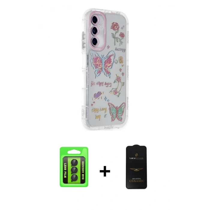 MARSİLYAN™- Galaxy A25 5G Kılıf Ahenk Modern Serisi - Siyah 6D Antistatik Mat Seramik Hayalet Nano Ekran Koruyucu + Raze Metal Kamera Lens - SH