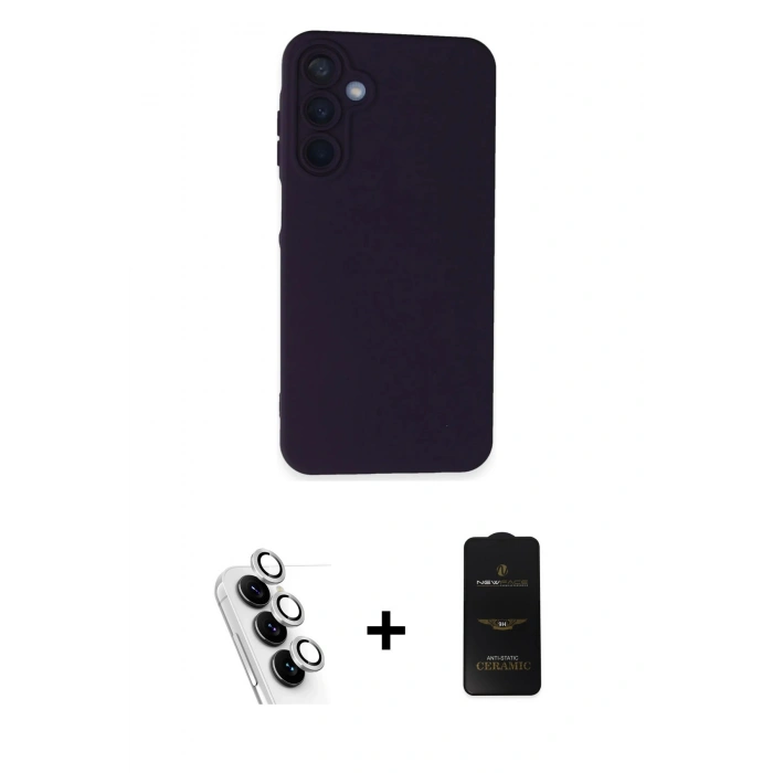 MARSİLYAN™- Galaxy A25 5G Kılıf Ahenk Serisi - Siyah 6D Antistatik Mat Seramik Hayalet Nano Ekran Koruyucu + Valdez Metal Kamera Lens - GS