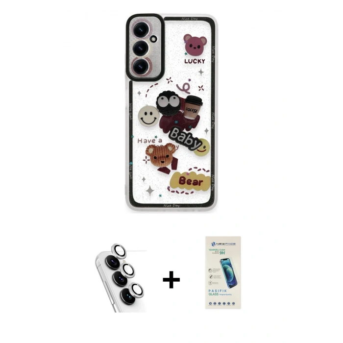 MARSİLYAN™- Galaxy A25 5G Kılıf Çekirdek Asil - Şeffaf Pasifik Cam Ekran Koruyucu + Valdez Metal Kamera Lens - GS