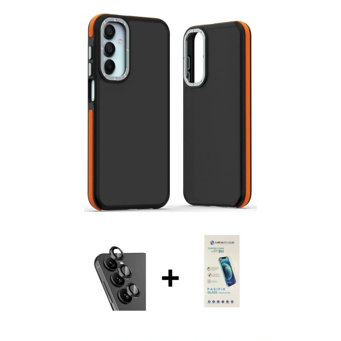 MARSİLYAN™- Galaxy A25 5G Kılıf Eksen Işık - Şeffaf Pasifik Cam Ekran Koruyucu + Valdez Metal Kamera Lens - SH