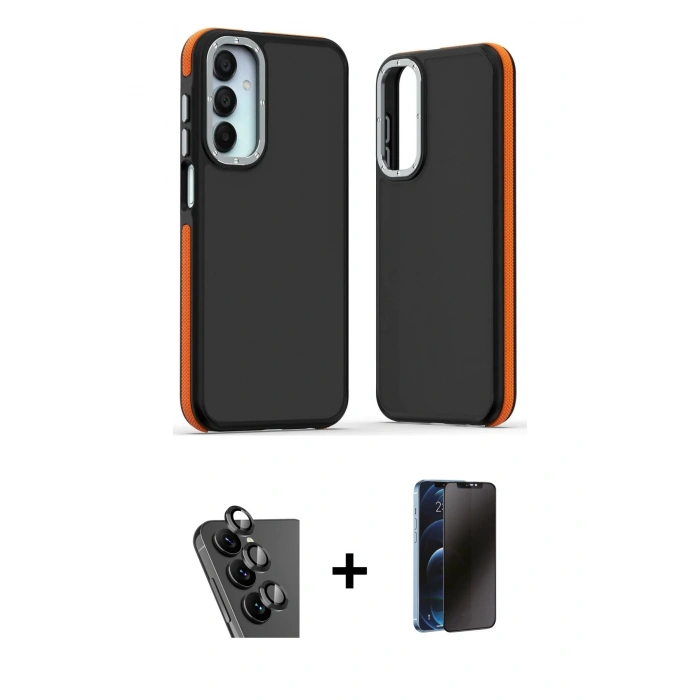 MARSİLYAN™- Galaxy A25 5G Kılıf Eksen Işık - Siyah 3D Antistatik Hayalet Cam Ekran Koruyucu + Valdez Metal Kamera Lens - SH