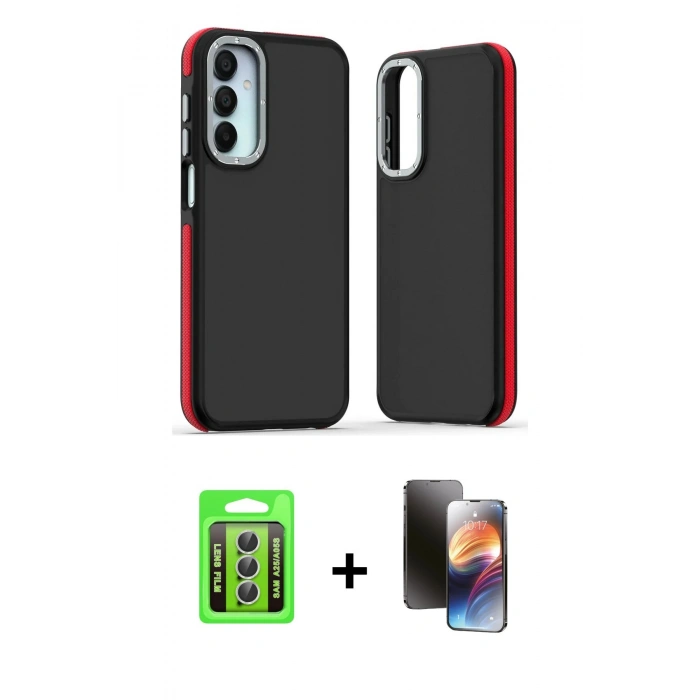 MARSİLYAN™- Galaxy A25 5G Kılıf Eksen Işık - Siyah 3D Antistatik Mat Seramik Nano Ekran Koruyucu + Raze Metal Kamera Lens - GS