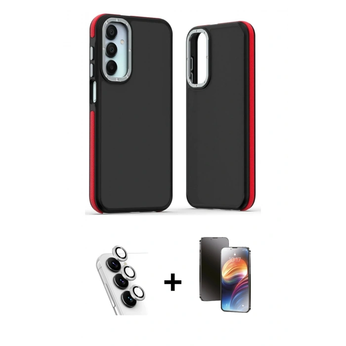MARSİLYAN™- Galaxy A25 5G Kılıf Eksen Işık - Siyah 3D Antistatik Mat Seramik Nano Ekran Koruyucu + Valdez Metal Kamera Lens - GS