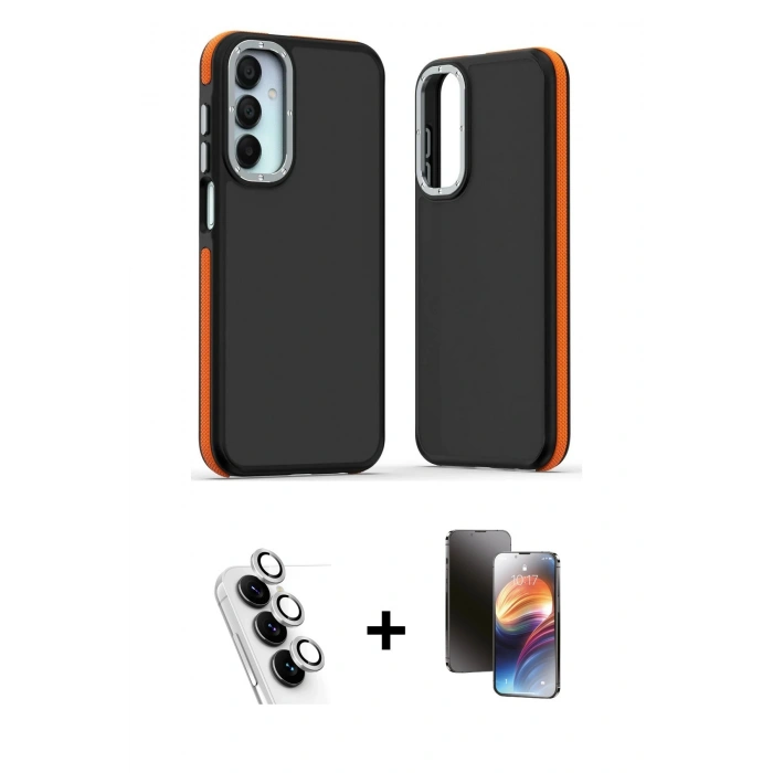 MARSİLYAN™- Galaxy A25 5G Kılıf Eksen Işık - Siyah 3D Antistatik Mat Seramik Nano Ekran Koruyucu + Valdez Metal Kamera Lens - GS