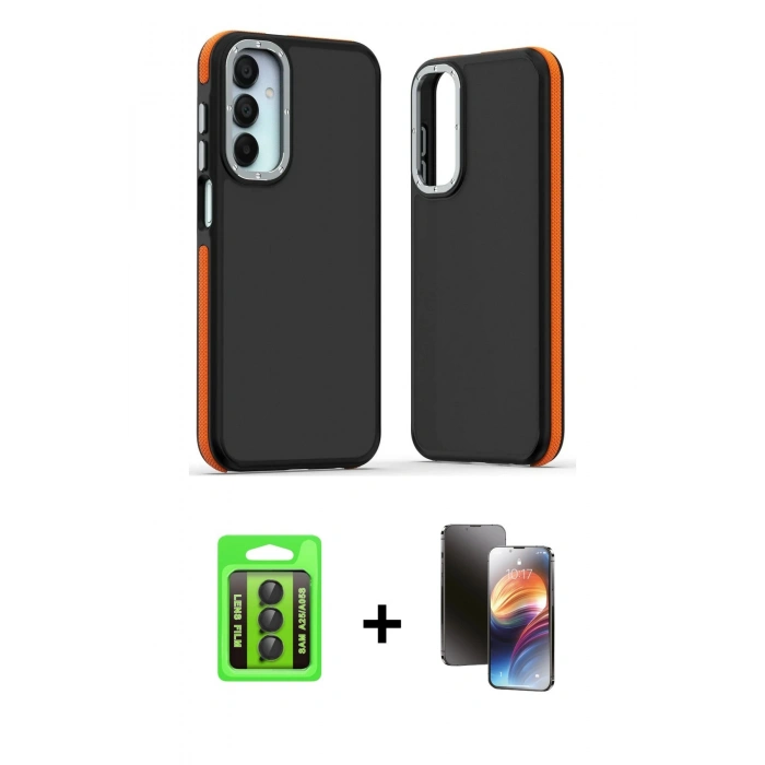 MARSİLYAN™- Galaxy A25 5G Kılıf Eksen Işık - Siyah 3D Antistatik Mat Seramik Nano Ekran Koruyucu + Raze Metal Kamera Lens - SH