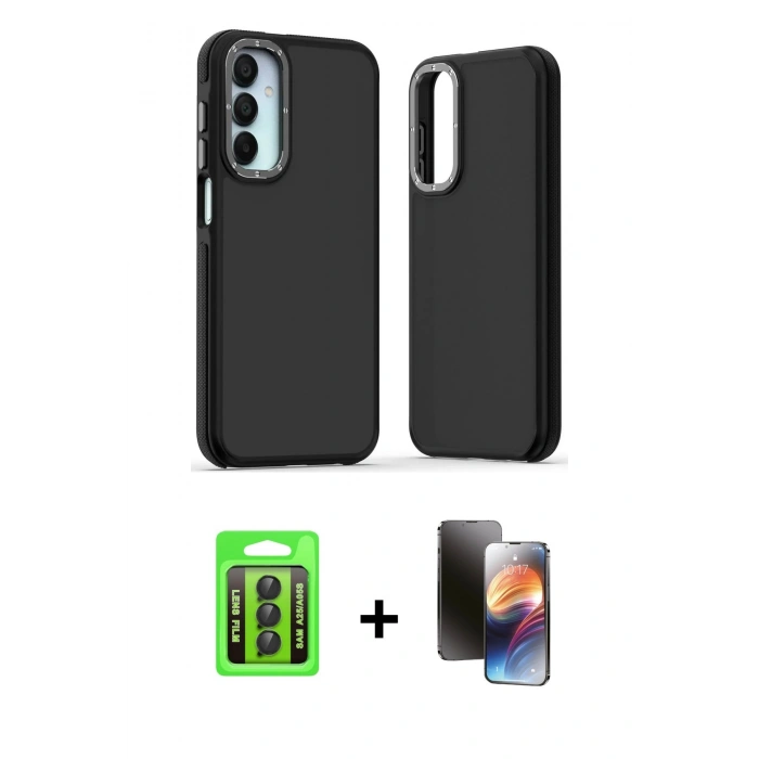 MARSİLYAN™- Galaxy A25 5G Kılıf Eksen Işık - Siyah 3D Antistatik Mat Seramik Nano Ekran Koruyucu + Raze Metal Kamera Lens - SH