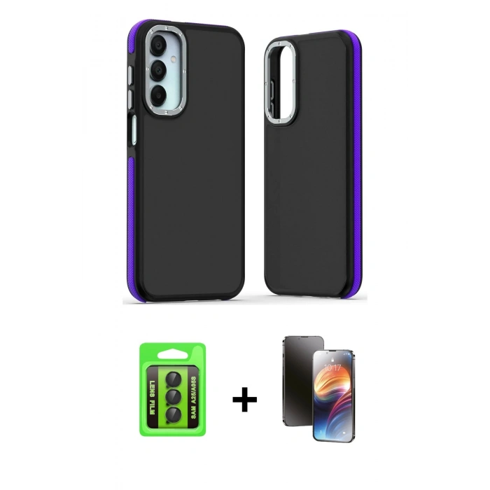 MARSİLYAN™- Galaxy A25 5G Kılıf Eksen Işık - Siyah 3D Antistatik Mat Seramik Nano Ekran Koruyucu + Raze Metal Kamera Lens - SH