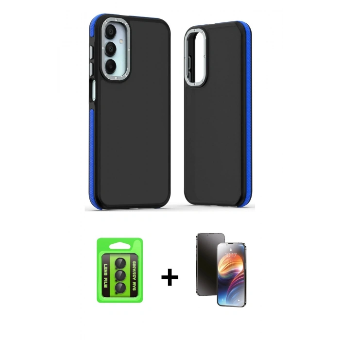 MARSİLYAN™- Galaxy A25 5G Kılıf Eksen Işık - Siyah 3D Antistatik Mat Seramik Nano Ekran Koruyucu + Raze Metal Kamera Lens - SH