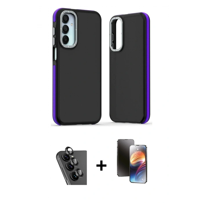 MARSİLYAN™- Galaxy A25 5G Kılıf Eksen Işık - Siyah 3D Antistatik Mat Seramik Nano Ekran Koruyucu + Valdez Metal Kamera Lens - SH