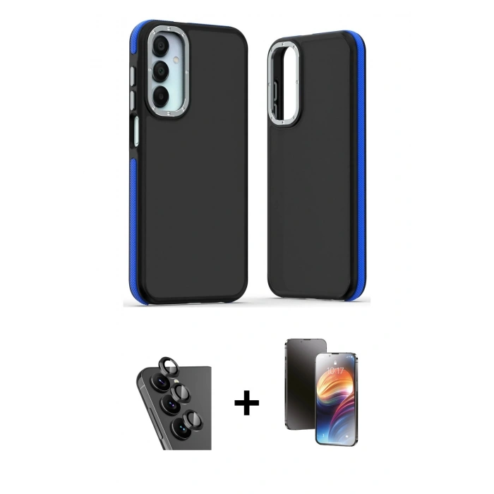 MARSİLYAN™- Galaxy A25 5G Kılıf Eksen Işık - Siyah 3D Antistatik Mat Seramik Nano Ekran Koruyucu + Valdez Metal Kamera Lens - SH