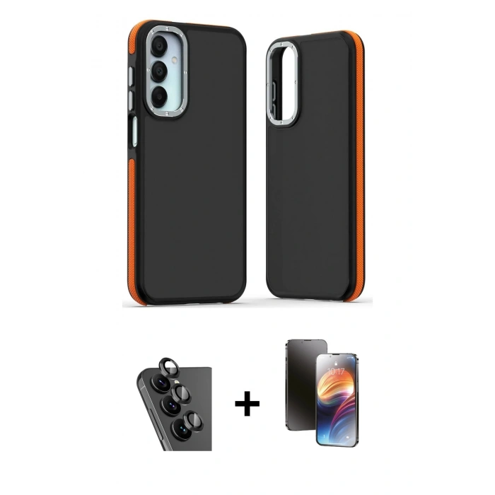 MARSİLYAN™- Galaxy A25 5G Kılıf Eksen Işık - Siyah 3D Antistatik Mat Seramik Nano Ekran Koruyucu + Valdez Metal Kamera Lens - SH
