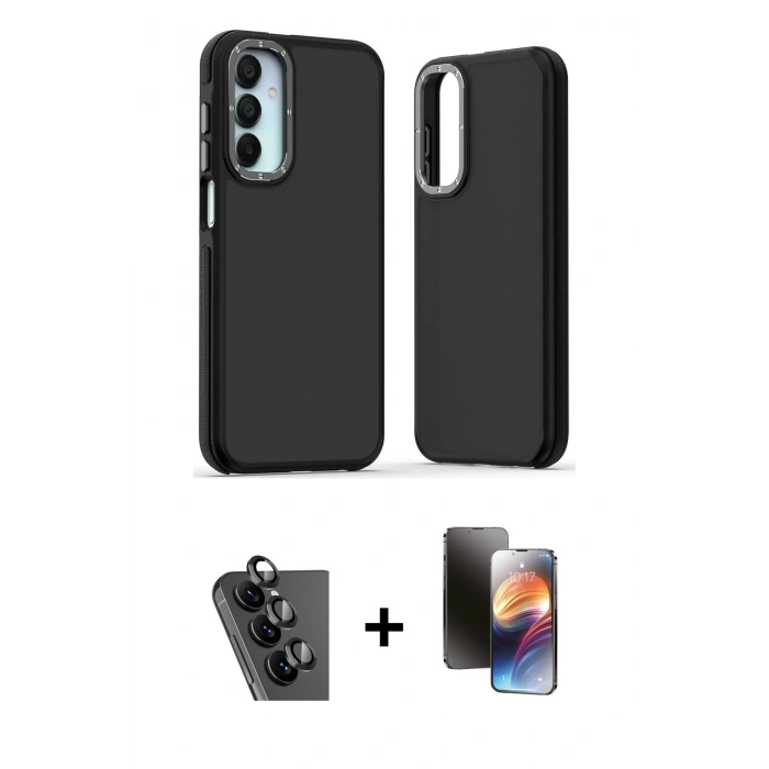 MARSİLYAN™- Galaxy A25 5G Kılıf Eksen Işık - Siyah 3D Antistatik Mat Seramik Nano Ekran Koruyucu + Valdez Metal Kamera Lens - SH