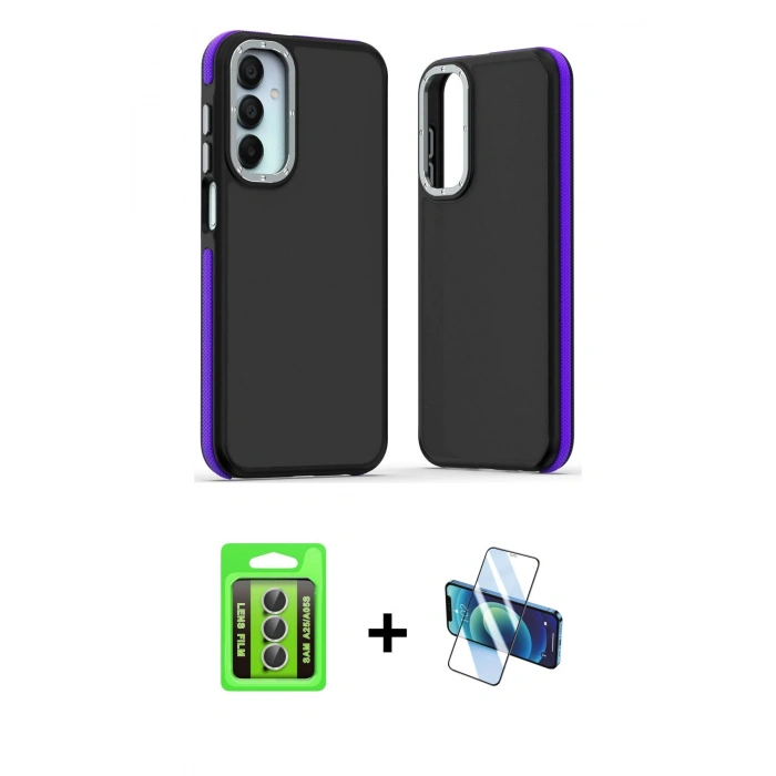 MARSİLYAN™- Galaxy A25 5G Kılıf Eksen Işık - Siyah 3D Antistatik Seramik Nano Ekran Koruyucu + Raze Metal Kamera Lens - GS