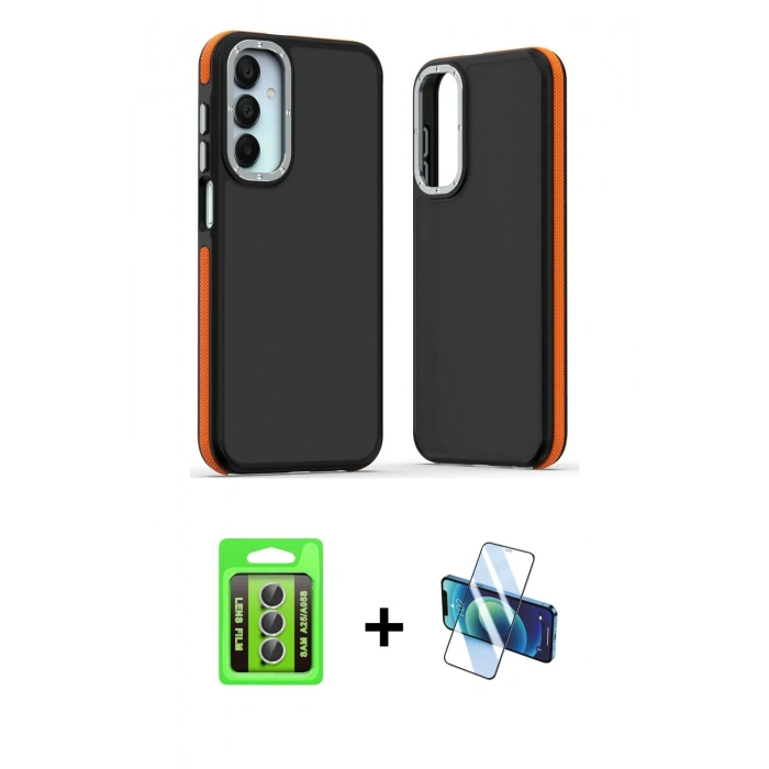 MARSİLYAN™- Galaxy A25 5G Kılıf Eksen Işık - Siyah 3D Antistatik Seramik Nano Ekran Koruyucu + Raze Metal Kamera Lens - GS