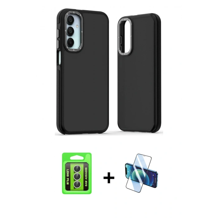 MARSİLYAN™- Galaxy A25 5G Kılıf Eksen Işık - Siyah 3D Antistatik Seramik Nano Ekran Koruyucu + Raze Metal Kamera Lens - GS