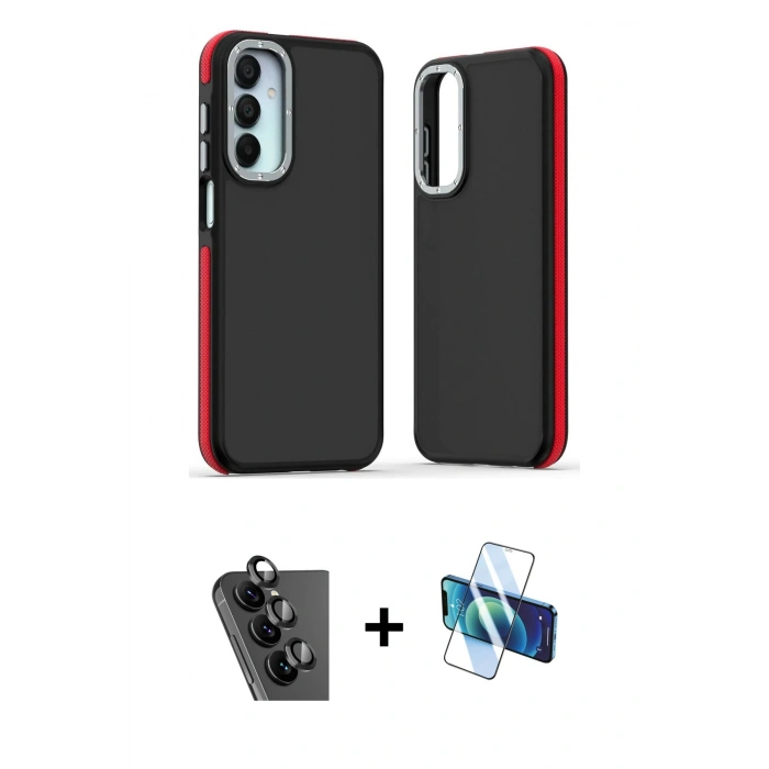 MARSİLYAN™- Galaxy A25 5G Kılıf Eksen Işık - Siyah 3D Antistatik Seramik Nano Ekran Koruyucu + Valdez Metal Kamera Lens - SH