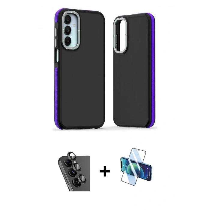 MARSİLYAN™- Galaxy A25 5G Kılıf Eksen Işık - Siyah 3D Antistatik Seramik Nano Ekran Koruyucu + Valdez Metal Kamera Lens - SH