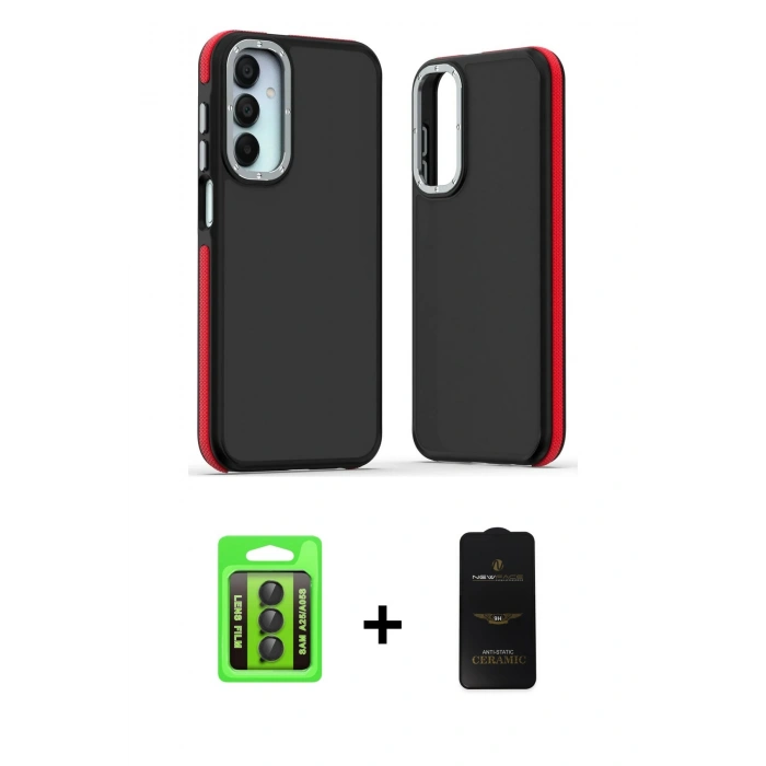 MARSİLYAN™- Galaxy A25 5G Kılıf Eksen Işık - Siyah 6D Antistatik Mat Seramik Hayalet Nano Ekran Koruyucu + Raze Metal Kamera Lens - SH