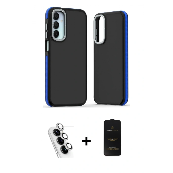 MARSİLYAN™- Galaxy A25 5G Kılıf Eksen Işık - Siyah 6D Antistatik Mat Seramik Hayalet Nano Ekran Koruyucu + Valdez Metal Kamera Lens - GS