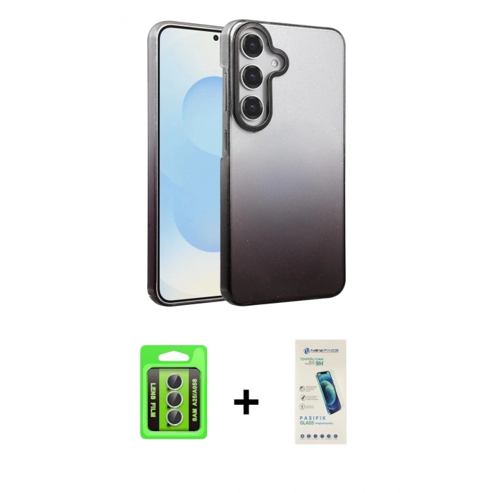MARSİLYAN™- Galaxy A25 5G Kılıf Kıvılcım Minimal Özel Seri - Şeffaf Pasifik Cam Ekran Koruyucu + Gümüş Raze Metal Kamera Lens