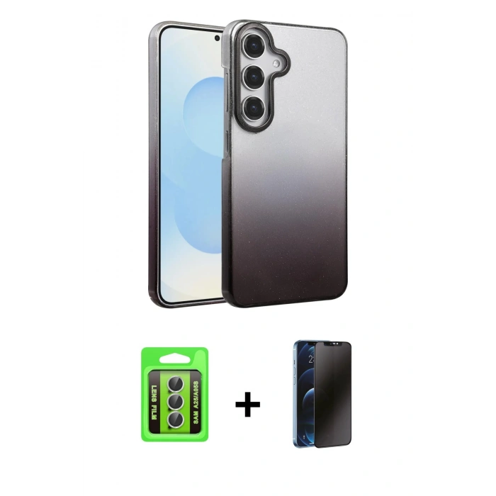 MARSİLYAN™- Galaxy A25 5G Kılıf Kıvılcım Minimal Özel Seri - Siyah 3D Antistatik Hayalet Cam Ekran Koruyucu + Raze Metal Kamera Lens - GS