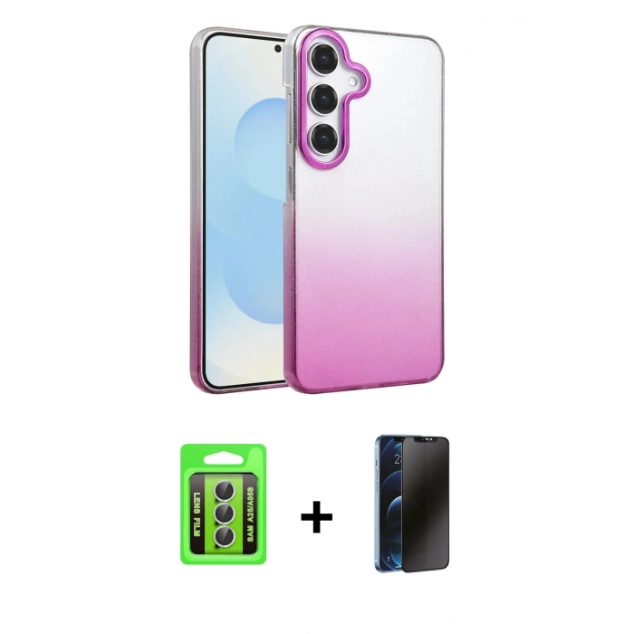 MARSİLYAN™- Galaxy A25 5G Kılıf Kıvılcım Minimal Özel Seri - Siyah 3D Antistatik Hayalet Cam Ekran Koruyucu + Raze Metal Kamera Lens - GS