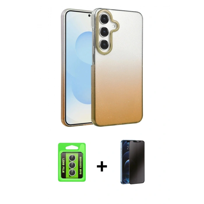 MARSİLYAN™- Galaxy A25 5G Kılıf Kıvılcım Minimal Özel Seri - Siyah 3D Antistatik Hayalet Cam Ekran Koruyucu + Raze Metal Kamera Lens - GS