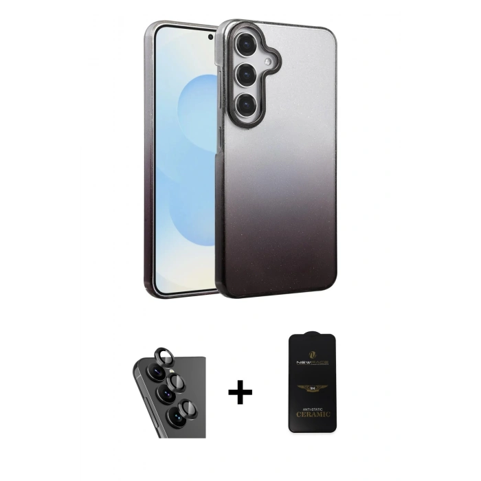 MARSİLYAN™- Galaxy A25 5G Kılıf Kıvılcım Minimal Özel Seri - Siyah 6D Antistatik Mat Seramik Hayalet Nano Ekran Koruyucu + Valdez Metal Kamera Lens - SH