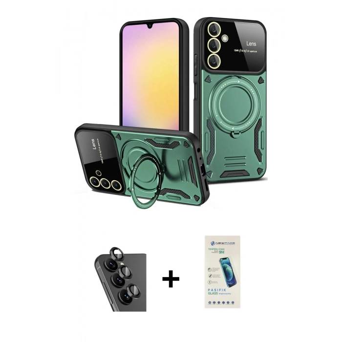 MARSİLYAN™- Galaxy A25 5G Kılıf Kıvılcım Modern Serisi - Şeffaf Pasifik Cam Ekran Koruyucu + Valdez Metal Kamera Lens - SH