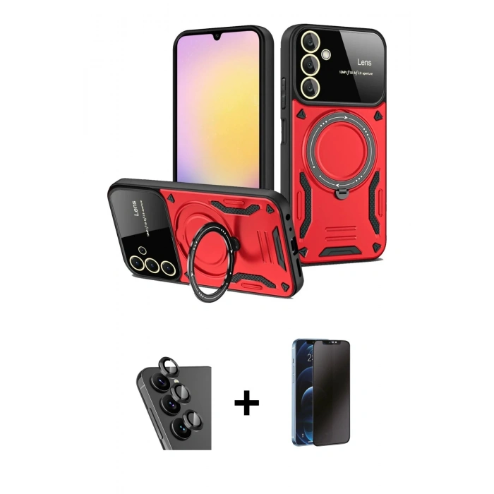MARSİLYAN™- Galaxy A25 5G Kılıf Kıvılcım Modern Serisi - Siyah 3D Antistatik Hayalet Cam Ekran Koruyucu + Valdez Metal Kamera Lens - SH