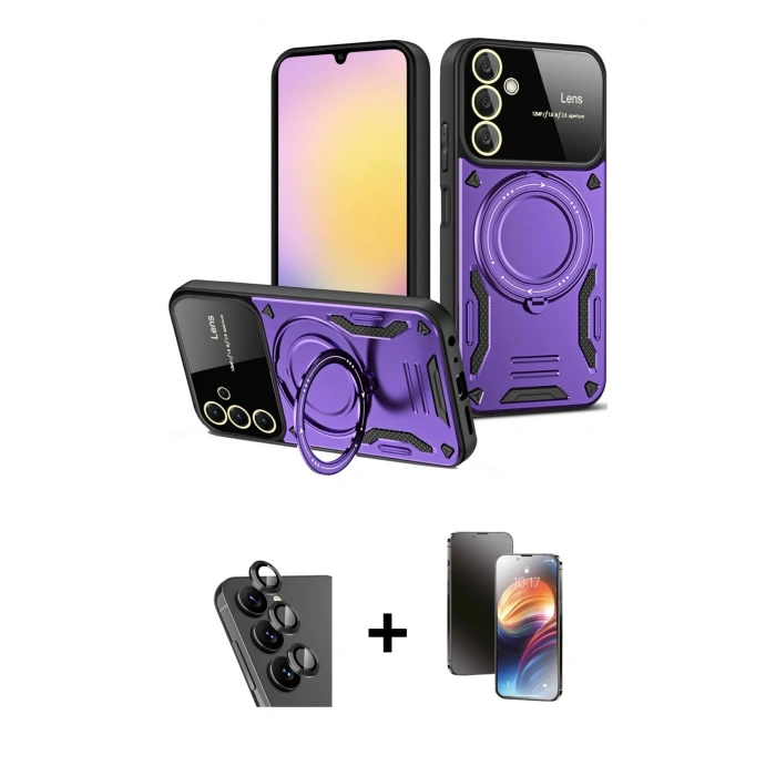 MARSİLYAN™- Galaxy A25 5G Kılıf Kıvılcım Modern Serisi - Siyah 3D Antistatik Mat Seramik Nano Ekran Koruyucu + Valdez Metal Kamera Lens - SH
