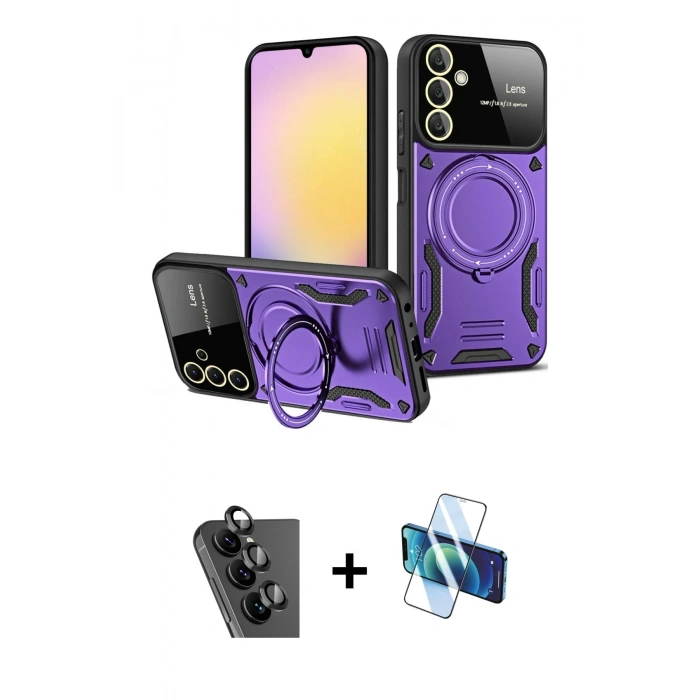 MARSİLYAN™- Galaxy A25 5G Kılıf Kıvılcım Modern Serisi - Siyah 3D Antistatik Seramik Nano Ekran Koruyucu + Valdez Metal Kamera Lens - SH