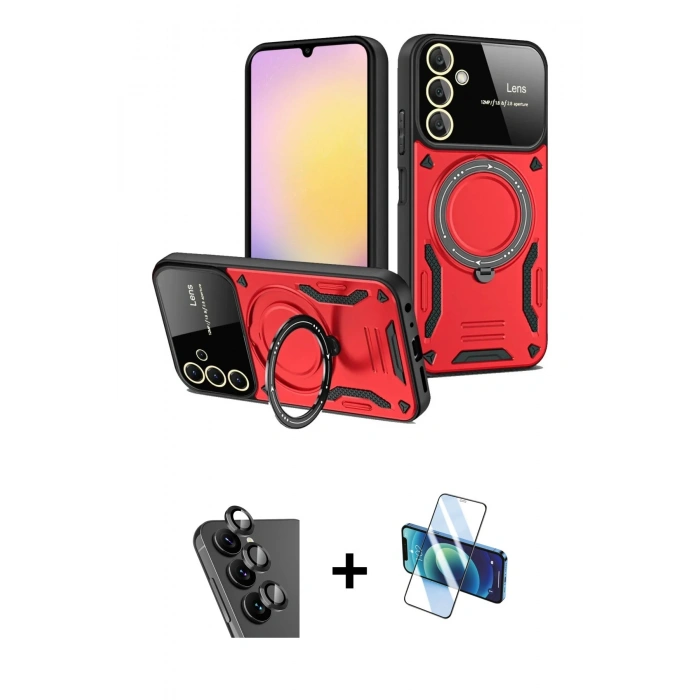 MARSİLYAN™- Galaxy A25 5G Kılıf Kıvılcım Modern Serisi - Siyah 3D Antistatik Seramik Nano Ekran Koruyucu + Valdez Metal Kamera Lens - SH