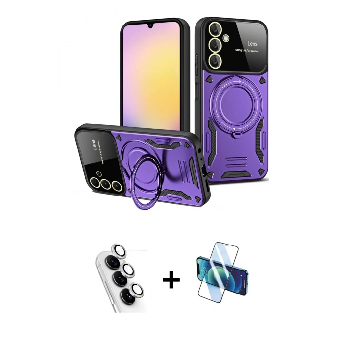 MARSİLYAN™- Galaxy A25 5G Kılıf Kıvılcım Modern Serisi - Siyah 3D Antistatik Seramik Nano Ekran Koruyucu + Valdez Metal Kamera Lens - GS