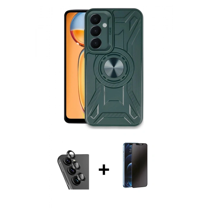 MARSİLYAN™- Galaxy A25 5G Kılıf Nova Yansıma Prime - Siyah 3D Antistatik Hayalet Cam Ekran Koruyucu + Valdez Metal Kamera Lens - SH