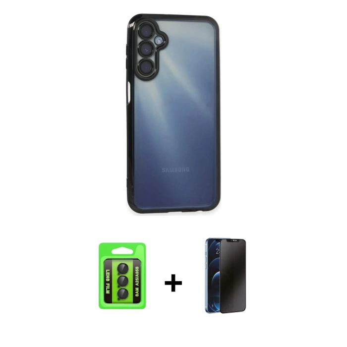 MARSİLYAN™- Galaxy A25 5G Kılıf Vadi Minimal - Siyah 3D Antistatik Hayalet Cam Ekran Koruyucu + Raze Metal Kamera Lens - SH