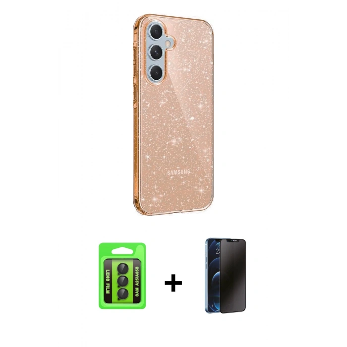 MARSİLYAN™- Galaxy A25 5G Kılıf Yankı Doku Prime - Siyah 3D Antistatik Hayalet Cam Ekran Koruyucu + Raze Metal Kamera Lens - SH