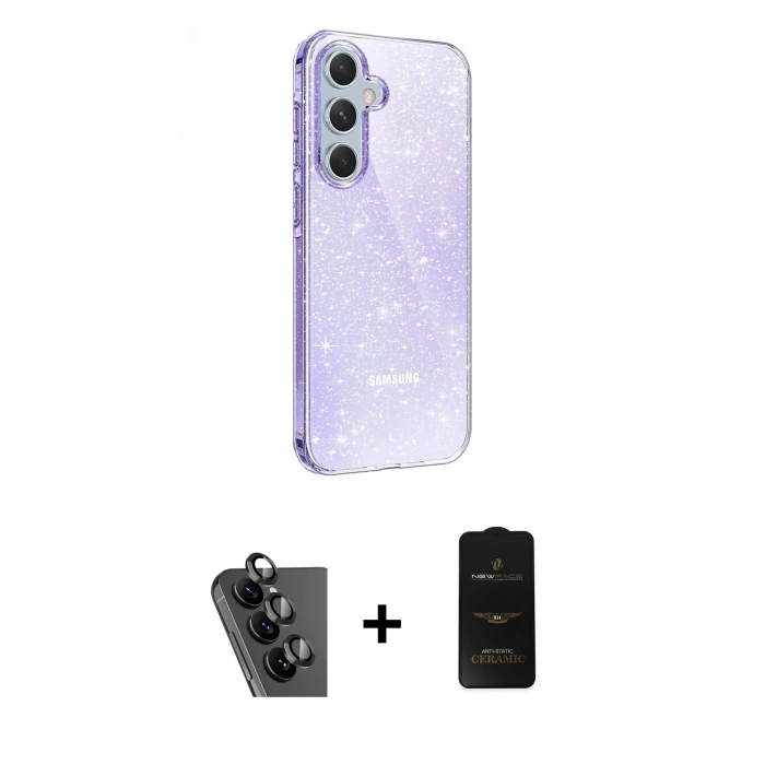 MARSİLYAN™- Galaxy A25 5G Kılıf Yankı Doku Prime - Siyah 6D Antistatik Mat Seramik Hayalet Nano Ekran Koruyucu + Valdez Metal Kamera Lens - SH