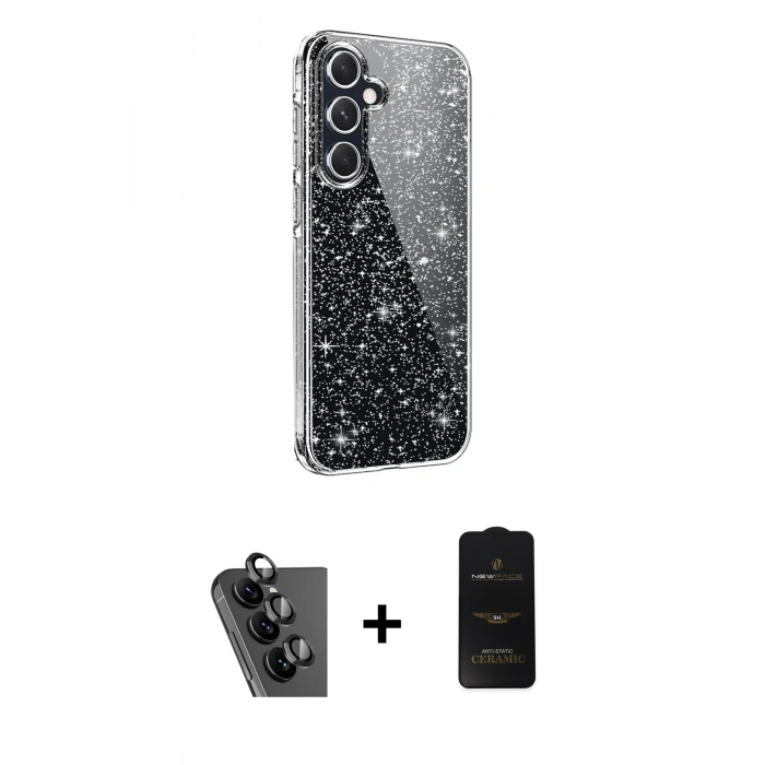 MARSİLYAN™- Galaxy A25 5G Kılıf Yankı Doku Prime - Siyah 6D Antistatik Mat Seramik Hayalet Nano Ekran Koruyucu + Valdez Metal Kamera Lens - SH