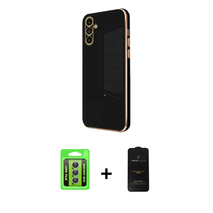 MARSİLYAN™- Galaxy A25 5G Kılıf Yankı Serisi - Siyah 6D Antistatik Mat Seramik Hayalet Nano Ekran Koruyucu + Raze Metal Kamera Lens - GS