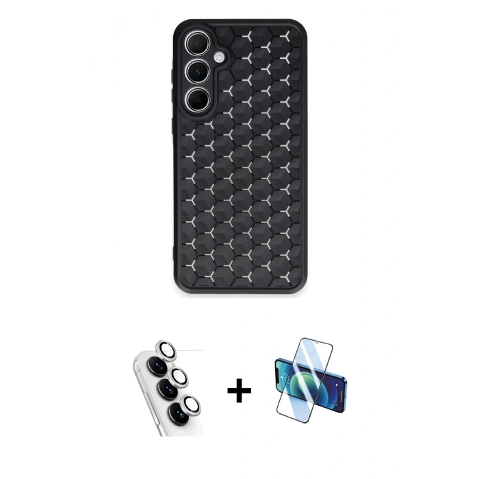 MARSİLYAN™- Galaxy A25 5G Kılıf Zirve Form - Siyah 3D Antistatik Seramik Nano Ekran Koruyucu + Valdez Metal Kamera Lens - GS