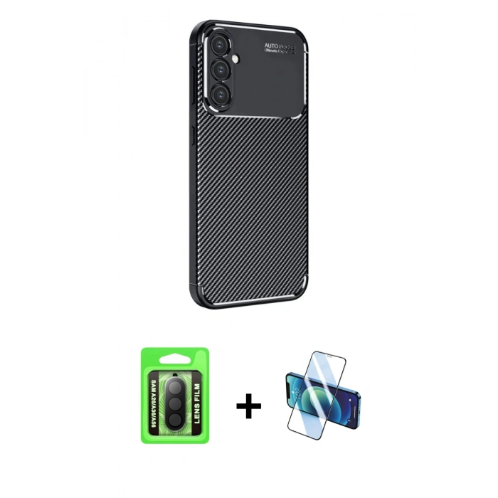 MARSİLYAN™- Galaxy A26 Kılıf Eksen Form Prime - Siyah 3D Antistatik Cam Ekran Koruyucu + Raze Metal Kamera Lens - SH