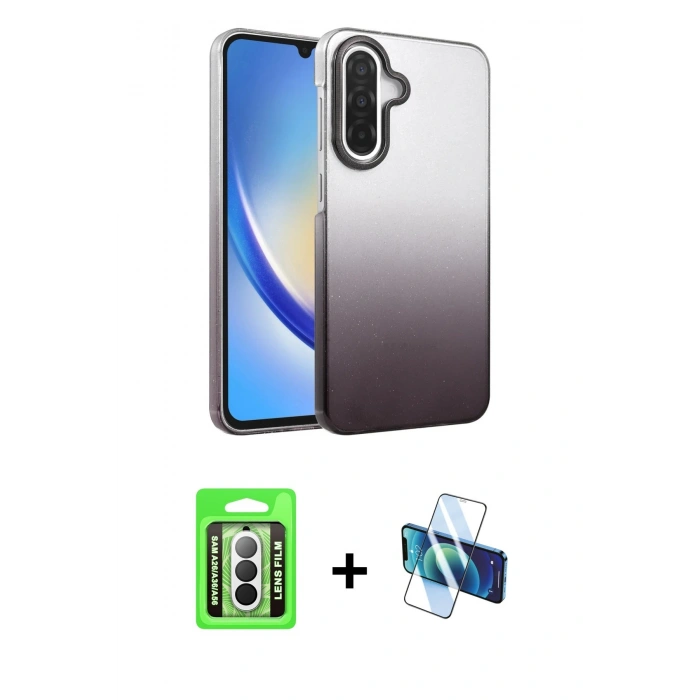 MARSİLYAN™- Galaxy A26 Kılıf Kıvılcım Minimal Özel Seri - Siyah 3D Antistatik Cam Ekran Koruyucu + Raze Metal Kamera Lens - GS